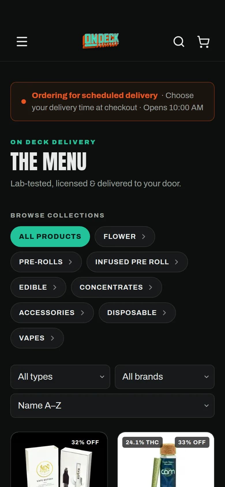 On Deck Delivery menu on a phone: collections, filters and product cards